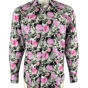 TED BAKER Black Pink Floral Cotton Button Up Long Sleeve Shirt Sz 16 / 40S Men